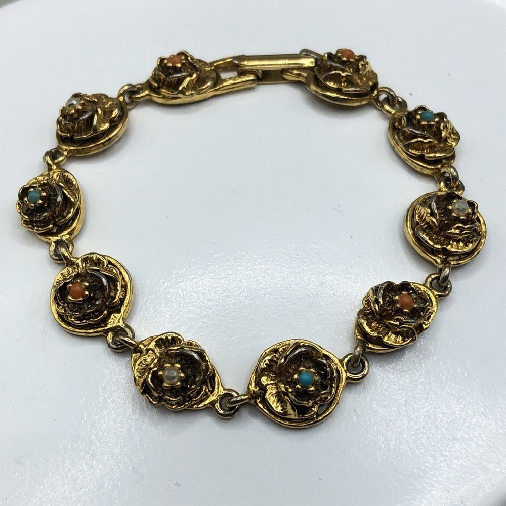 Vintage Goldette Victorian revival antiqued gold flower links bracelet statement